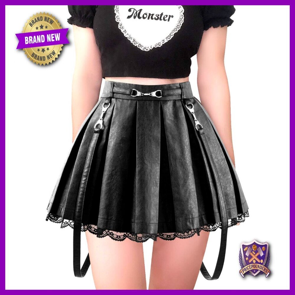 Pleated Faux Leather Mini Skirt with Handcuffs Accessories Elastic Waist